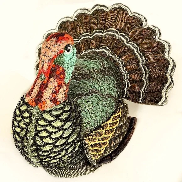 NEW John Derian X Target 2024 Beaded Plush Turkey Pillow Thanksgiving 16X15” - Picture 4 of 5